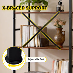 5 Tier Bookshelf Freestanding Open Metal Frame Bookcase Loading Capacity 6kg per Tier for Home Office Living Room Kitchen Rustic Display Stand 60x30x157cm