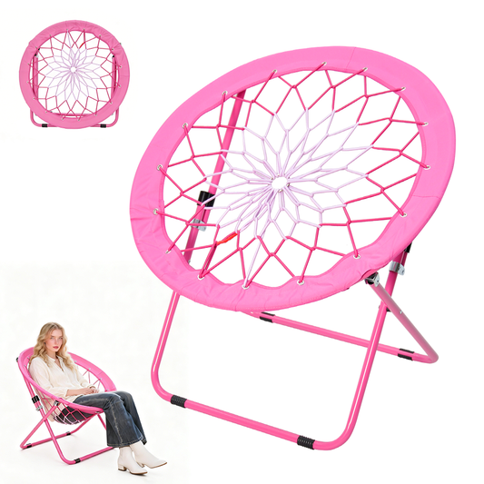 Folding Bungee Chair Fun Bouncy Dish Chair with Reinforced Rope Web Diameter 81.5cm For Room Camping Outdoor Portable Relaxation Chair 110kg Capacity Pink
