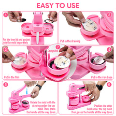 58mm Button Maker Machine DIY Badge Making Pin Press Machine with All-Inclusive Accessories for Custom Pin Badges Mirrors Fridge Magnets Gift Set Pink