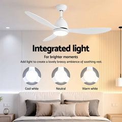 Devanti 48" Ceiling Fan with LED Light Remote Control DC Motor White