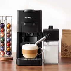 Devanti Capsule Coffee Pod Machine with Milk Frother, Black