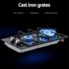 Devanti Gas Cooktop 30cm 2 Burner Built-in Stove Glass Cook Top NG LPG Wok Burner