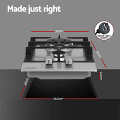 Devanti Gas Cooktop 30cm 2 Burner Silver