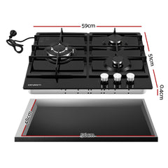Devanti 59cm Gas Cooktop 3 Burner Knob Control Glass Hob Cast Iron Black