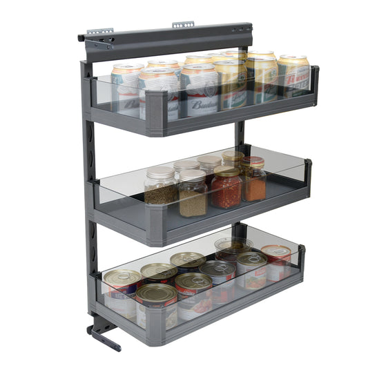3-Layer Pull Out Basket Kitchen Cabinet Side-mounted Tempered Glass Organizer for Spices Seasoning Bottles 15kg Load Capacity Space Saving 255×480×680mm
