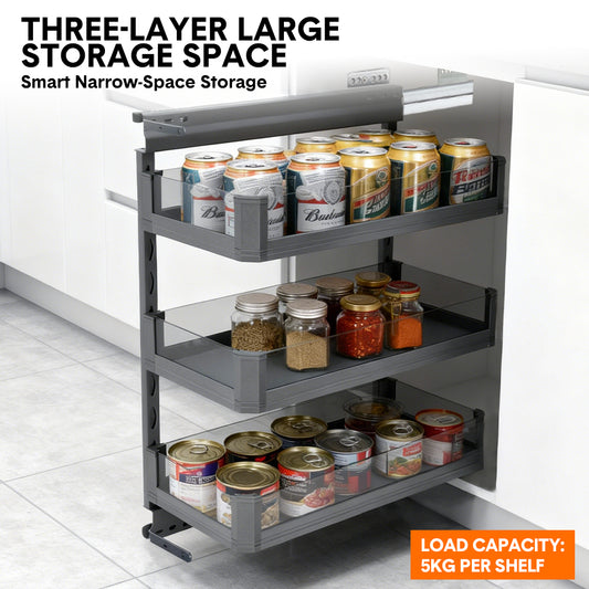 3-Layer Pull Out Basket Kitchen Cabinet Side-mounted Tempered Glass Organizer for Spices Seasoning Bottles 15kg Load Capacity Space Saving 255×480×680mm