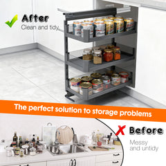 3-Layer Pull Out Basket Kitchen Cabinet Side-mounted Tempered Glass Organizer for Spices Seasoning Bottles 15kg Load Capacity Space Saving 255×480×680mm