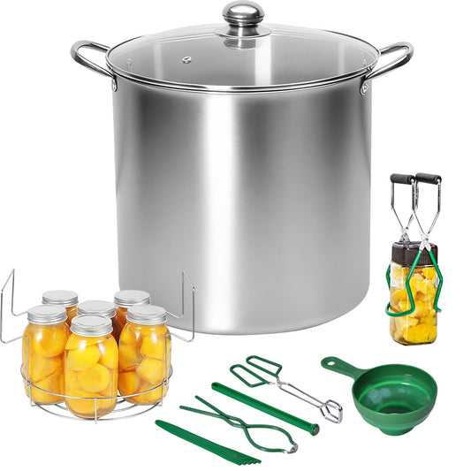 8Pcs Canning Pot Set 21.5Qt Stainless Steel Water Bath Canner with Folding Rack and Glass Lid Canning Starter Kit Compatible with Induction and Gas Stoves