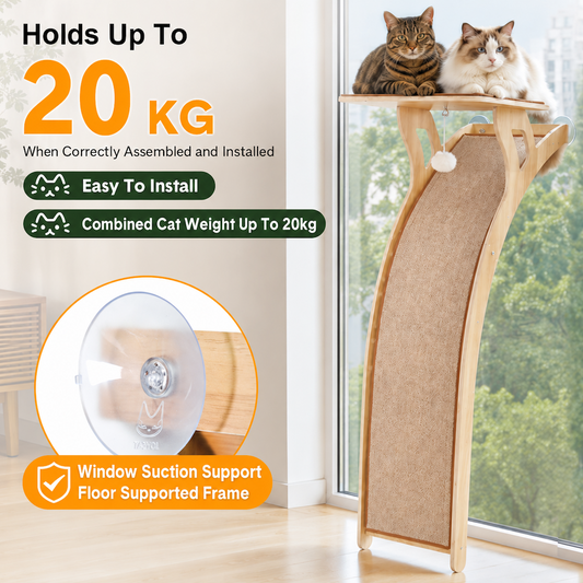 122cm Window Cat Climber with Large Perch Curved Sisal Scratching Ramp Suction Cup Mount Removable Mats Hanging Toy 20kg Capacity