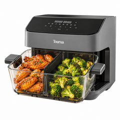 Tourua 8L Dual Zone Glass Air Fryer with WiFi Smart Control 8 Presets Removable Divider 2200W Digital Touch Air Fryer for Family Cooking