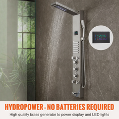 Shower Panel System, 6 Shower Modes, LED & Screen Hydroelectricity Shower Panel Tower, Rainfall, Waterfall, 5 Massage Jets, Tub Spout, Handheld Shower, Stainless Steel Wall-Mounted Shower Set