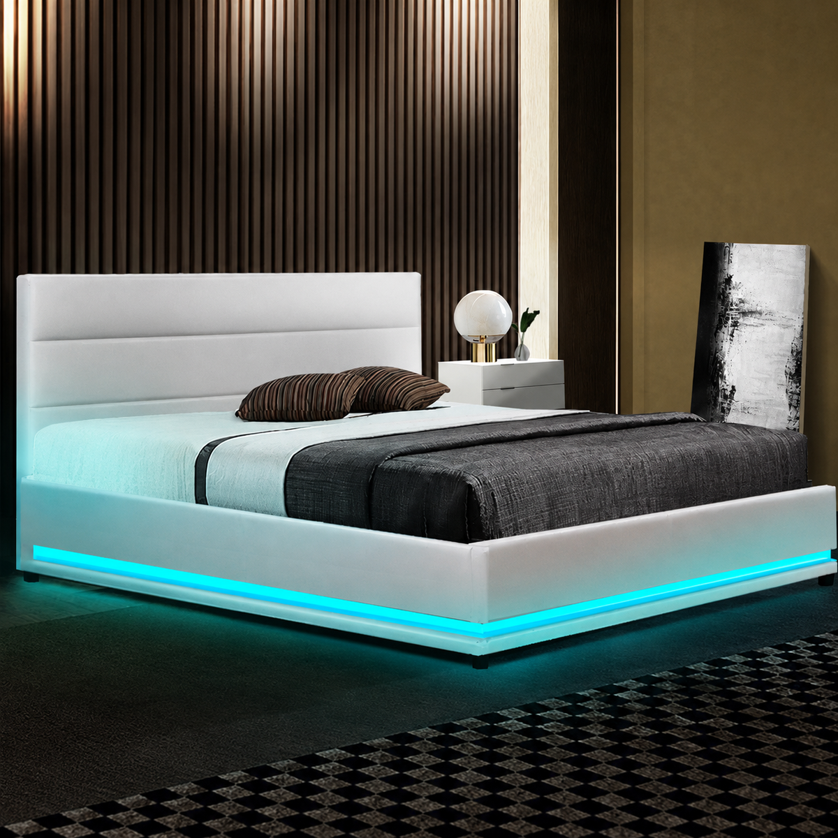 Artiss Bed Frame Double Size LED Gas Lift White LUMI