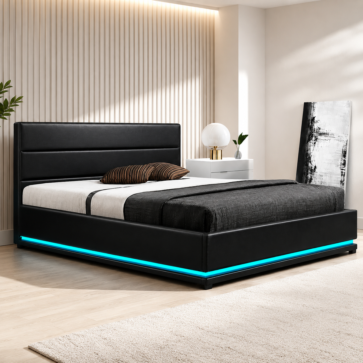 Artiss Bed Frame Double Size LED Gas Lift Black LUMI
