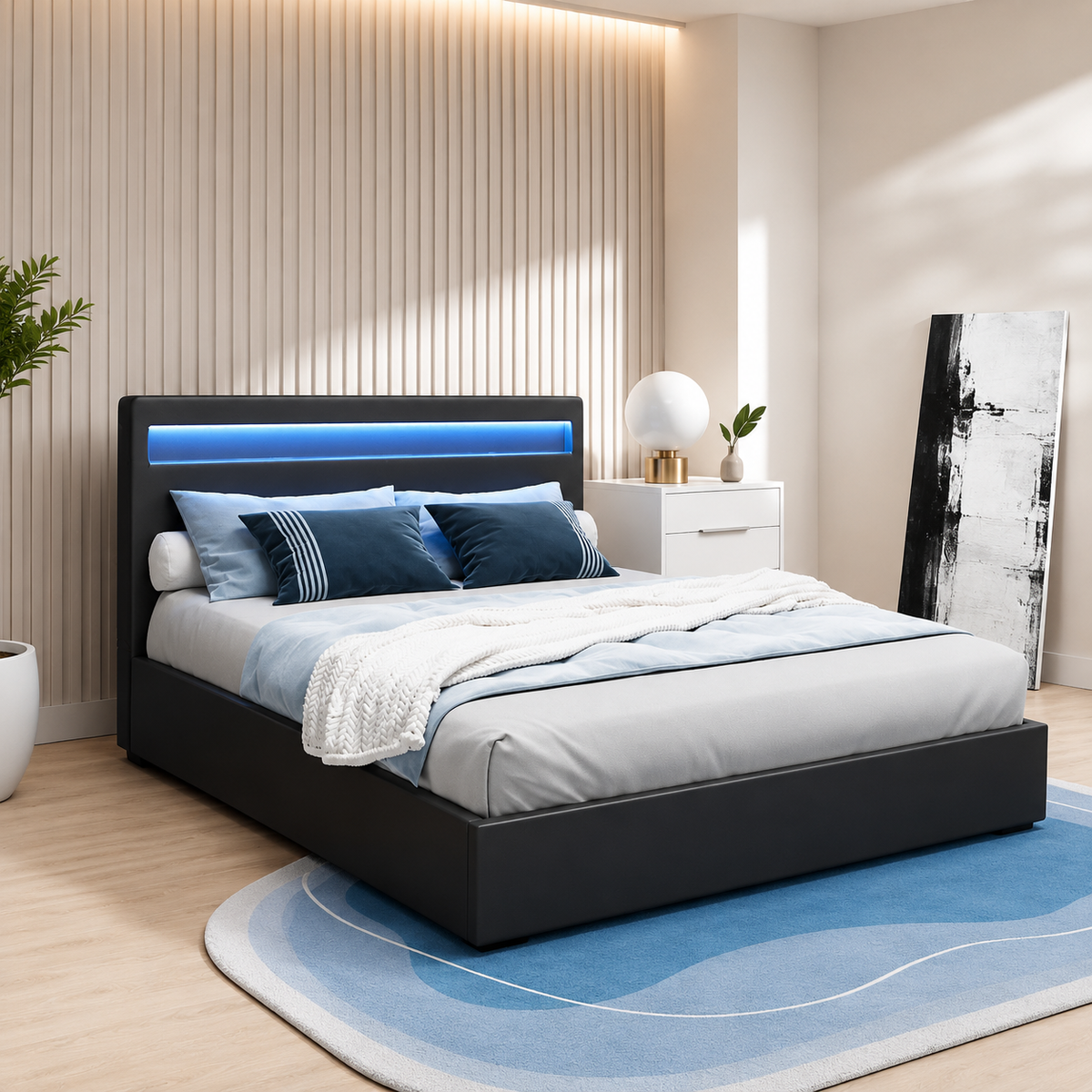 Artiss Bed Frame Double Size LED Gas Lift Black COLE