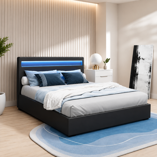 Artiss Bed Frame Double Size LED Gas Lift Black COLE