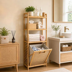 Bamboo Laundry Hamper Floor Stand Clothes Organizer with 3-Tier Storage Shelves and Tilt-Out Detachable Basket for Bathroom Bedroom Living Room 40x30x119cm