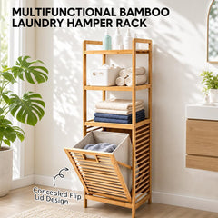 Bamboo Laundry Hamper Floor Stand Clothes Organizer with 3-Tier Storage Shelves and Tilt-Out Detachable Basket for Bathroom Bedroom Living Room 40x30x119cm