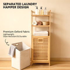 Bamboo Laundry Hamper Floor Stand Clothes Organizer with 3-Tier Storage Shelves and Tilt-Out Detachable Basket for Bathroom Bedroom Living Room 40x30x119cm