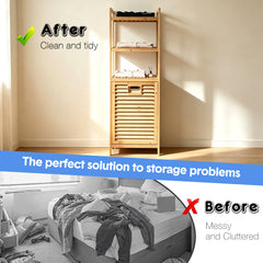 Bamboo Laundry Hamper Floor Stand Clothes Organizer with 3-Tier Storage Shelves and Tilt-Out Detachable Basket for Bathroom Bedroom Living Room 40x30x119cm