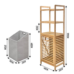 Bamboo Laundry Hamper Floor Stand Clothes Organizer with 3-Tier Storage Shelves and Tilt-Out Detachable Basket for Bathroom Bedroom Living Room 40x30x119cm