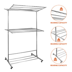 3 Tier Clothes Drying Rack Freestanding Clothes Airer Stainless Steel Rolling Laundry Rack with Wheels for Clothes Garment Towels Bed Linen