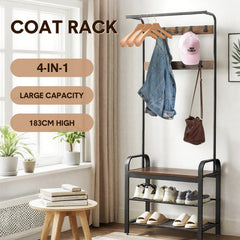 4-In-1 Coat Rack Large Capacity Freestanding Hall Tree 183 High Entryway Bench with 8 Detachable Hooks Hanging Rod and 2-Tier Shoe Storage Rustic Brown