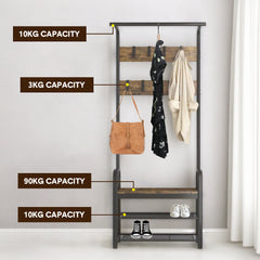 4-In-1 Coat Rack Large Capacity Freestanding Hall Tree 183 High Entryway Bench with 8 Detachable Hooks Hanging Rod and 2-Tier Shoe Storage Rustic Brown