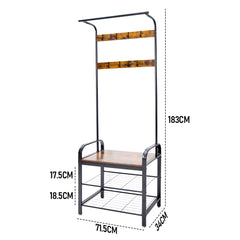 4-In-1 Coat Rack Large Capacity Freestanding Hall Tree 183 High Entryway Bench with 8 Detachable Hooks Hanging Rod and 2-Tier Shoe Storage Rustic Brown