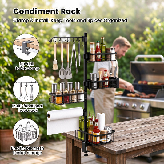 Clamp-on Griddle Caddy Countertop Condiment Utensil Organizer with Rotatable Hooks Baskets and Towel Holder for Kitchen Outdoor BBQ Camping Portable Rack