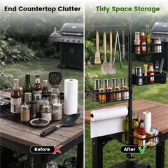 Clamp-on Griddle Caddy Countertop Condiment Utensil Organizer with Rotatable Hooks Baskets and Towel Holder for Kitchen Outdoor BBQ Camping Portable Rack