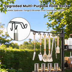 Clamp-on Griddle Caddy Countertop Condiment Utensil Organizer with Rotatable Hooks Baskets and Towel Holder for Kitchen Outdoor BBQ Camping Portable Rack