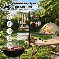 Clamp-on Griddle Caddy Countertop Condiment Utensil Organizer with Rotatable Hooks Baskets and Towel Holder for Kitchen Outdoor BBQ Camping Portable Rack