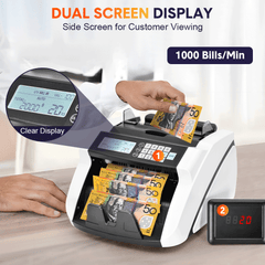 Money Counter Multifunctional Cash Counting Machine 1000 Bill/Min Dual Display With UV/MG/IR/MT/DD Counterfeit Bill Detector Multicurrency Support