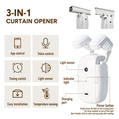 3-in-1 Intelligent Automatic Curtain Opener Rechargeable Battery Operated Curtain Robot Smart Control Via App with Timer Fit for Roman Rod T/U-shaped Track