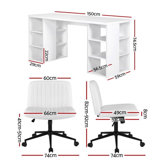 Artiss Office Desk & Chair Set 150cm Computer Desk with 6 Storage Shelves & Ergonomic Cross Legged Chair Armless Cross PU Leather Office Chair with Wheels