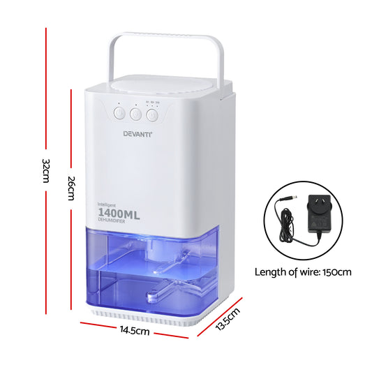 Devanti 1400ML Portable Dehumidifier Quiet Sleep Mode Timer Auto Off Bedroom White