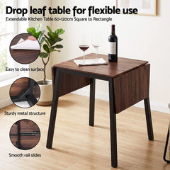 Artiss Dining Table and Chairs Set 5pcs with Extendable 60-120cm Drop-Leaf Table Brown