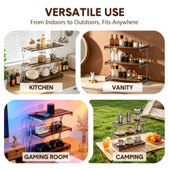 3 Tier Foldable Storage Rack Wooden Desk Shelf with Height Adjustable Steel Frame 6kg Load Capacity per Shelf for Indoor Household Storage Outdoor Camp