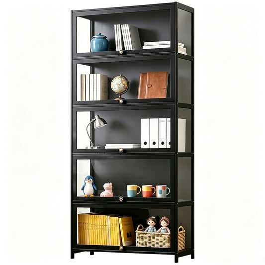 5-Tier Display Cabinet Freestanding Storage Organizer Bookshelf with Clear Flip-Up Acrylic Doors for Books CDs Figurines Bedroom Home Office 78x32x172cm