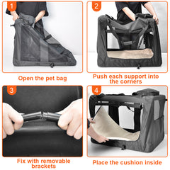 Foldable Dog Carrier Large Pet Travel Bag Portable and Breathable Car Travel Transport Kennel 72x52x52cm Load Up to 27kg with Steel Frame and Pocket Black
