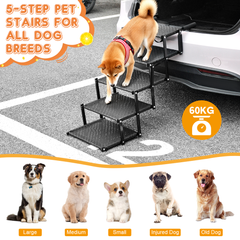 5 Steps Dog Steps Foldable Pet Ramp for All Dogs with Non-Slip Adjustable Wide Platform Dog Stairs for Cars Truck Sofa High Bed 60kg Load Capacity Black