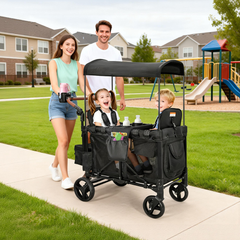 Wagon Stroller for 2 Kids Collapsible Double Stroller 360-Rotation Wheels with Adjustable Handlebar Safety Harness Removable Seat and Canopy 100kg Capacity