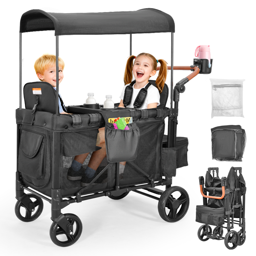 Wagon Stroller for 2 Kids Collapsible Double Stroller 360-Rotation Wheels with Adjustable Handlebar Safety Harness Removable Seat and Canopy 100kg Capacity