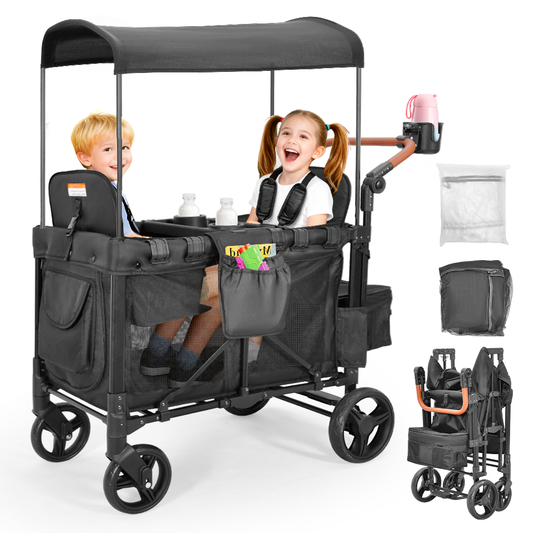 Wagon Stroller for 2 Kids Collapsible Double Stroller 360-Rotation Wheels with Adjustable Handlebar Safety Harness Removable Seat and Canopy 100kg Capacity