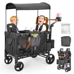 Wagon Stroller for 2 Kids Collapsible Double Stroller 360-Rotation Wheels with Adjustable Handlebar Safety Harness Removable Seat and Canopy 100kg Capacity