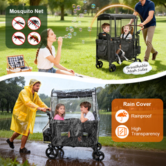 Wagon Stroller for 2 Kids Collapsible Double Stroller 360-Rotation Wheels with Adjustable Handlebar Safety Harness Removable Seat and Canopy 100kg Capacity