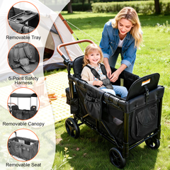 Wagon Stroller for 2 Kids Collapsible Double Stroller 360-Rotation Wheels with Adjustable Handlebar Safety Harness Removable Seat and Canopy 100kg Capacity