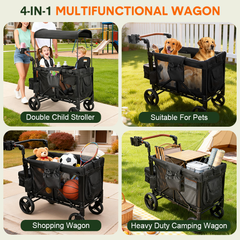 Wagon Stroller for 2 Kids Collapsible Double Stroller 360-Rotation Wheels with Adjustable Handlebar Safety Harness Removable Seat and Canopy 100kg Capacity