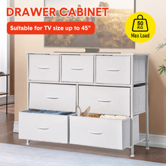 Multipurpose Chest of Drawers 7 Drawer Fabric Dresser TV Stand Max Load 110lbs with Wood Top and Easy Pull Handle for Living Room Bedroom Entryway White