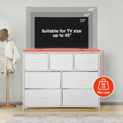 Multipurpose Chest of Drawers 7 Drawer Fabric Dresser TV Stand Max Load 110lbs with Wood Top and Easy Pull Handle for Living Room Bedroom Entryway White